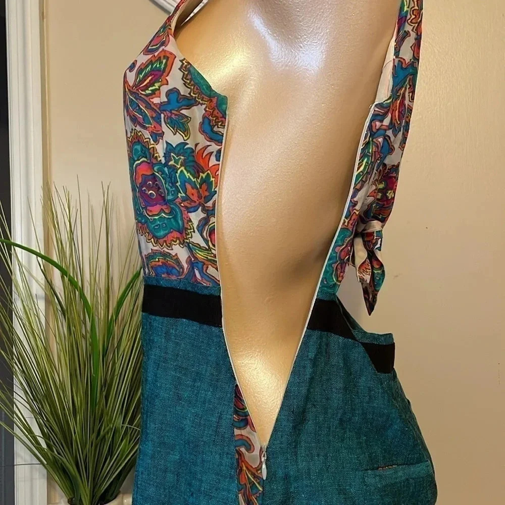 Rachel Roy women’s dress 6 small tank cutout tie back linen floral tie back teal - Picture 7 of 10